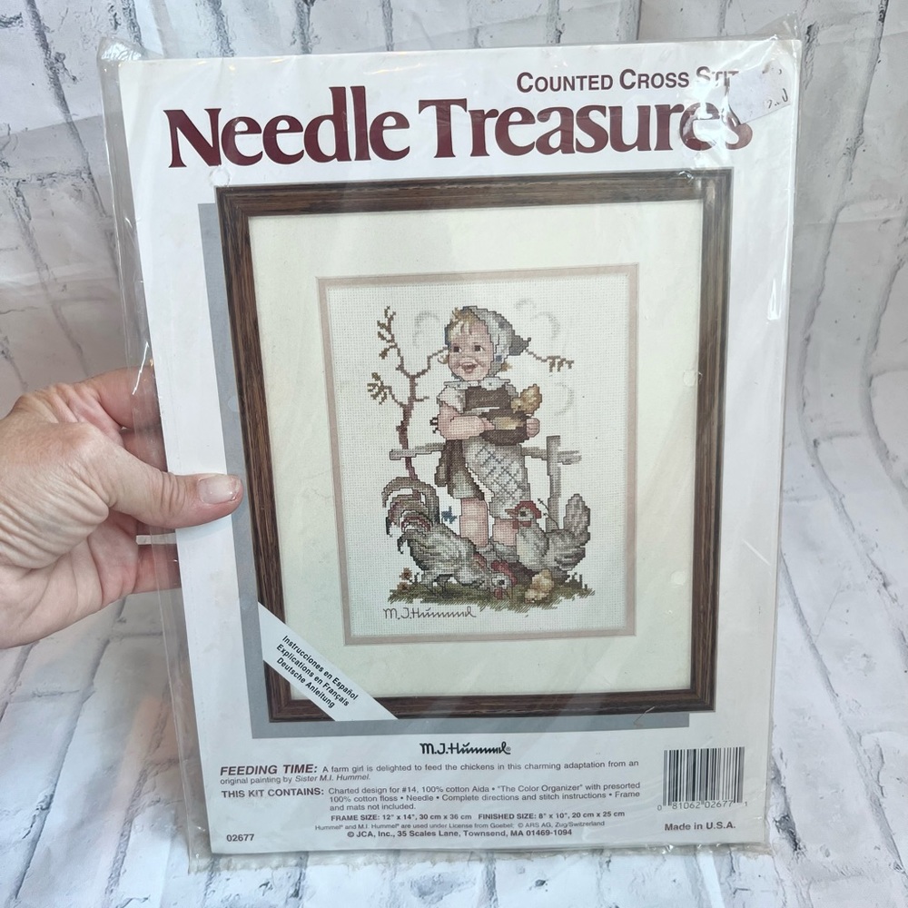 NWT Counted Cross Stitch Needle Treasures M.J.Hummel girl feeding chickens